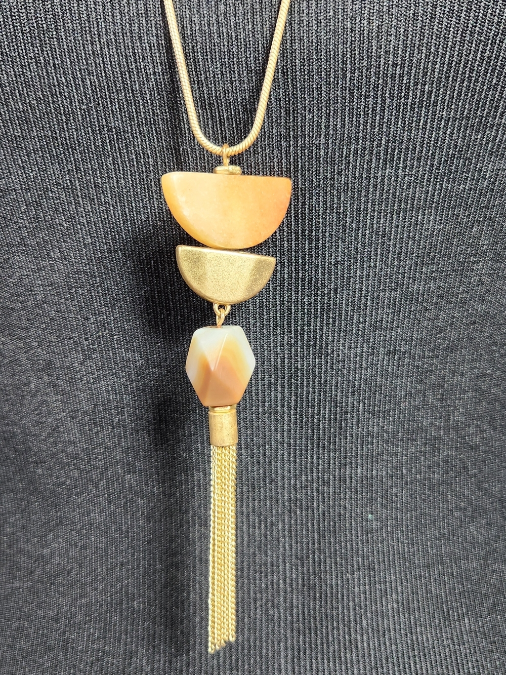 Gold-Tone 32" Long Tassel Necklace with Orange and Cream Stone Accents - Picture 5 of 7